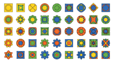 Collection of colorful geometric abstract patterns on black background blue