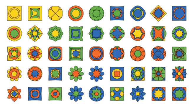 Collection of colorful geometric abstract patterns on black background blue