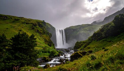 A majestic cascade of water plunges into a stream, framed by lush, green hills under a cloudy, dramatic sky. The landscape is vibrant and wild