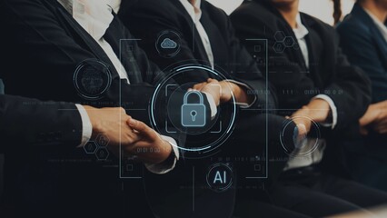 Professional business team showcases collaboration while emphasizing digital security and artificial intelligence in a dynamic corporate environment. Raster