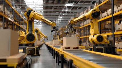 Automated robotic arms working in a modern warehouse fulfillment center
