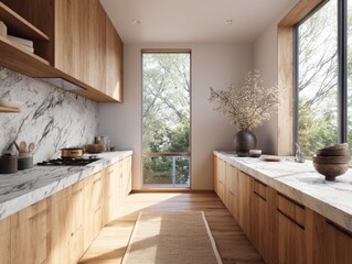 A kitchen with a marble countertop and wooden cabinets