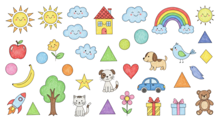 Collection of hand drawn colorful cartoon objects and shapes on black background cloud house