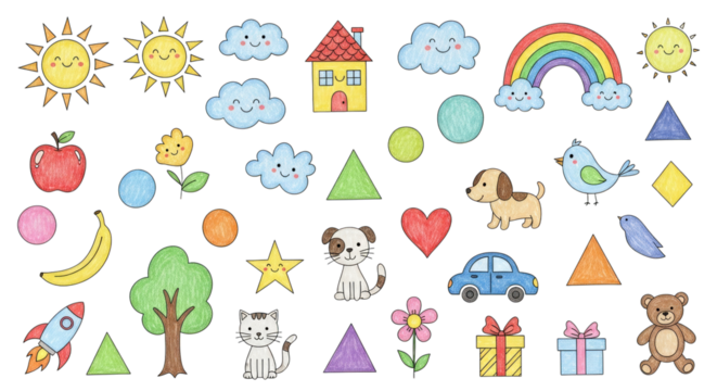 Collection of hand drawn colorful cartoon objects and shapes on black background cloud house