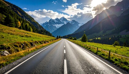 A long, asphalt road stretches towards snow-capped mountains, flanked by green meadows and forested hills under a bright sunlit sky