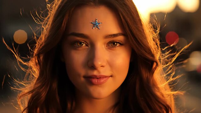 A closeup portrait of a beautiful young woman with long brown hair, bathed in warm golden hour sunlight, with a sparkling star jewel on her forehead vector illustration