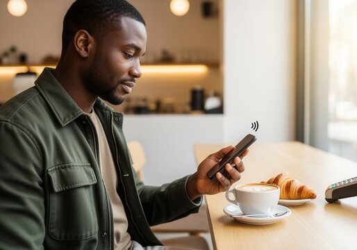 Man making a contactless payment with a smartphone in a modern cafe. Customer using NFC technology for a wireless transaction at a coffee shop. Digital banking and fintech concept - Powered by Adobe