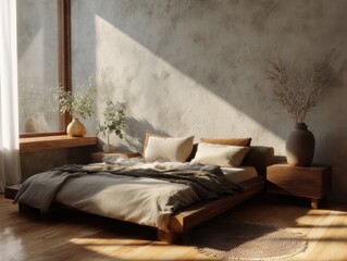 A bed with a white comforter and pillows