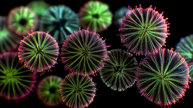Radial microorganisms with filament crowns representing planktonic forms and microecosystem cycles, symbolizing marine microbiology filtration and the concept of geometric order emerging from life.
