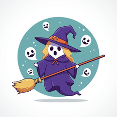 Cute Ghost Witch Flying Halloween Vector