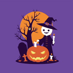 Cute Halloween Skeleton Witch with Pumpkin and Candles Vector