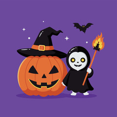 Cute Grim Reaper with Pumpkin Halloween Vector