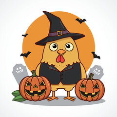 Cute Chicken Witch with Pumpkins Halloween Vector