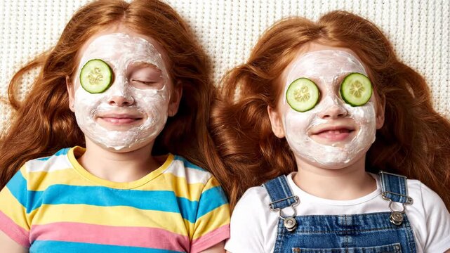 Two young girls with red hair lying down with face masks and cucumber slices on their eyes, smiling and having fun vector illustration