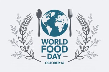 World Food Day October 16 Graphic with Earth Globe Between a Spoon and Fork, Framed by Wheat Ears, Representing Global Hunger Awareness