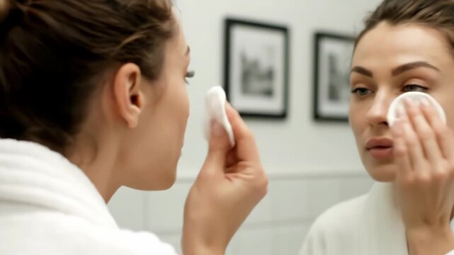 A woman in a white robe cleanses her face with a cotton pad, looking in the mirror with a thoughtful expression vector illustration