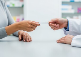 Patient giving an insurance card to a pharmacist at the pharmacy counter. Close-up of a healthcare transaction. Medical payment and customer service concept