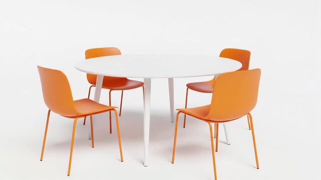 Round white table surrounded by four orange chairs on a plain background