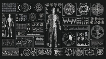 Vector art of futuristic hud interface elements with human body scan, graphs, charts, and data streams, offering a glimpse into advanced technology and medical diagnostics © S.Siam