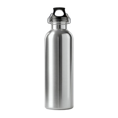 Isolated stainless steel water bottle with transparent lid against a solid transparent studio background view