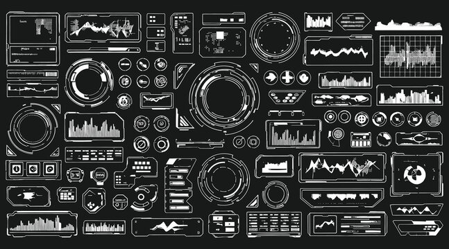 Vector art of extensive collection of futuristic hud interface elements featuring circular displays, graphs, and data readouts on a dark backdrop, perfect for scifi interfaces