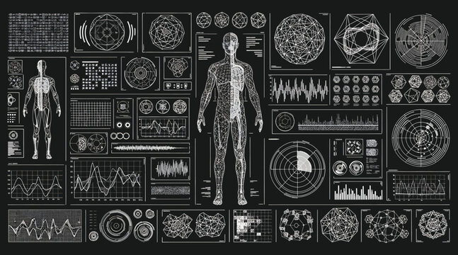 Vector art of futuristic hud interface elements with human body scan, graphs, charts, and data streams, offering a glimpse into advanced technology and medical diagnostics