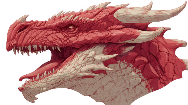 Crimson Dragon's Gaze: A close-up portrait of a fearsome crimson dragon head, showcasing its intricate scales, sharp teeth, and intense gaze, evoking a sense of power and mystery.