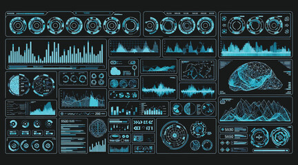 Vector art of advanced hud interface elements featuring graphs, charts, and data streams, representing cuttingedge technology and complex information processing systems