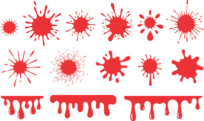 Red dripping paint and splatter collection isolated on white background, glossy liquid art design for horror, Halloween, and creative projects