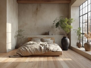 A bedroom with a bed, a vase, and a potted plant