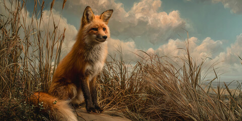 Red fox sitting in the grass