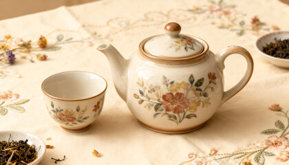 Fototapeta premium Vintage floral ceramic teapot and matching teacup placed on an embroidered tablecloth, surrounded by loose tea leaves, creating a warm and cozy tea-time atmosphere with rustic charm