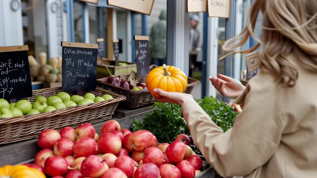 A wooden crate full of pumpkins and apples. The pumpkins are green and orange, and the apples are red