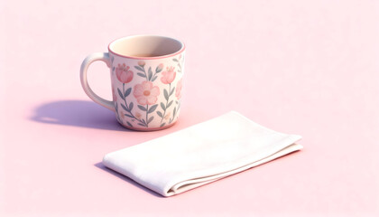 Delicate floral ceramic mug placed beside a neatly folded white napkin on a pastel pink background, creating a soft, elegant, and minimal still life composition perfect for cozy morning themes