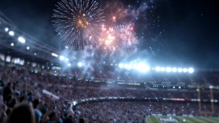 A crowd of people are watching fireworks in a stadium. The fireworks are bright and colorful, creating a festive atmosphere. The people in the crowd are enjoying the show - Powered by Adobe