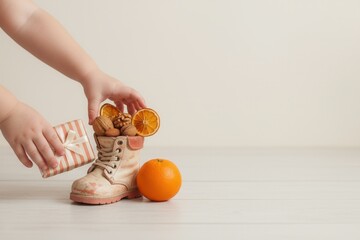 Child's hands placing a gift by a boot for St. Nicholas Day. Traditional European Nikolaus custom with oranges and nuts. Winter holiday concept with copy space