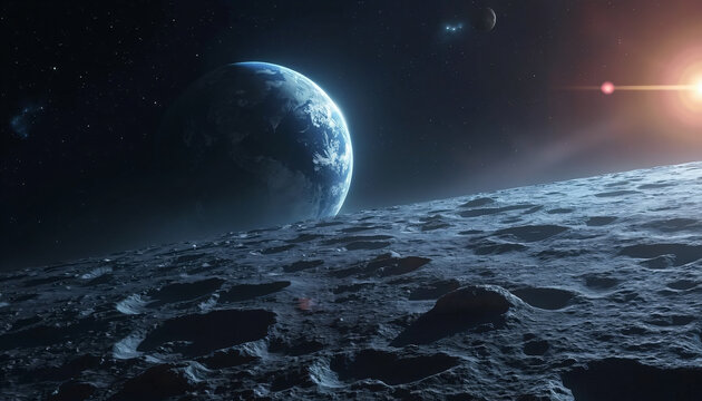 Earth and Sun viewed from a Cratered Surface