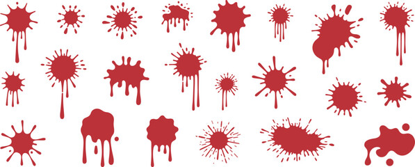 Red  splatter and dripping paint collection isolated on white background, abstract horror texture design for halloween and artistic project
