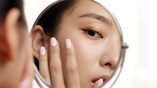 Closeup of a young asian womans face reflected in a mirror, with her hand gently touching her cheek, showcasing her flawless skin and makeup vector illustration