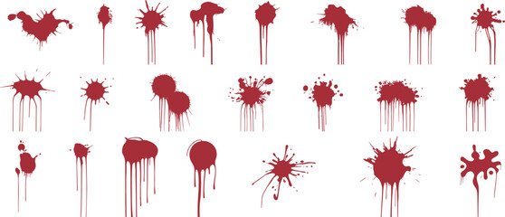 Red  splatter and dripping paint collection isolated on white background, abstract horror texture design for halloween and artistic project