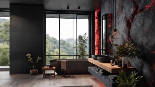 Modern luxury bathroom interior design with dark stone and red lighting