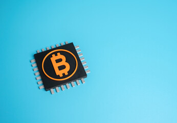 Bitcoin mining chip. Cryptocurrency infrastructure. Digital economy, blockchain technology, data processing. Relevant for topics on fintech, decentralization, and energy consumption in mining systems.