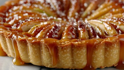 A dessert pie with a caramel glaze on top. The pie is sitting on a marble countertop - Powered by Adobe