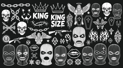 Vector art of a collection of edgy and urbaninspired vector designs featuring skulls, crowns, and ski masks, perfect for streetwear and graphic design projects with a bold and rebellious aesthetic
