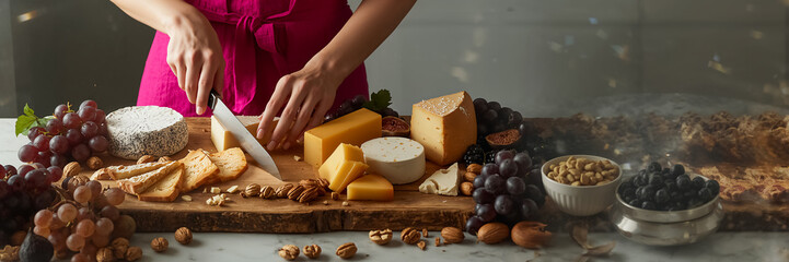 Women's hands cutting cheese with a knife on a table in the kitchen