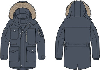 parka jacket winter hood fur lined pocket flap chest zip sleeve closure zipper collar seam cuff hem split insulated apparel garment clothing fashion textile template vector sketch prototypeparka jacke © shinha