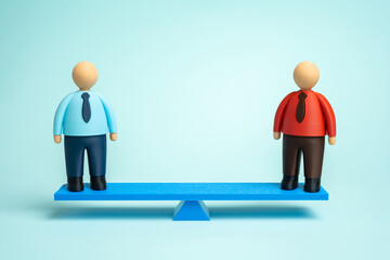 Two workers on a scale. Sales competition. Candidate selection. Business rivalry. Comparison of skills, performance evaluation, and workplace inequality