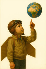 Fototapeta premium Young child dressed as a vintage aviator points toward a floating globe while wearing handmade cardboard wings in a nostalgic scene symbolizing a world of possibilities dreams travel and discovery