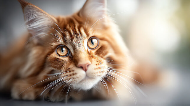 A close-up of a majestic ginger cat with striking amber eyes, exuding curiosity and charm in a soft, blurred background.