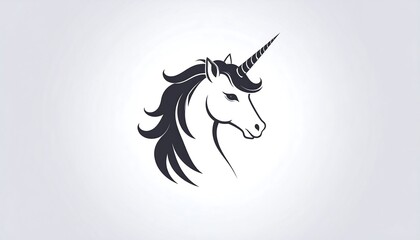 A grayscale illustration depicts a majestic unicorn head. Its flowing mane is styled with graceful lines. The horn is elegantly sharp. The background is a soft gradient